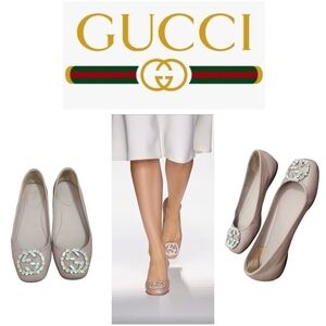Gucci Women's Ballet Flats Pink Satin Square Toe GG Crystal Logo Designer Shoes